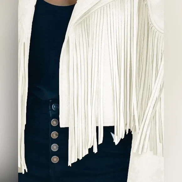 CHARTOU Women's Chic Cropped Tassel Fringe Faux Suede Moto Jacket NWT - Picture 3 of 13